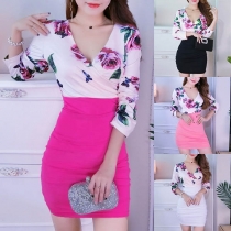Sexy Deep V-neck Long Sleeve Printed Spliced Tight Dress