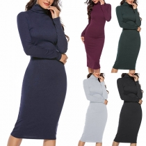 Fashion Solid Color Long Sleeve Turtleneck Slim Fit Knit Dress
