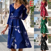 Sweet Style Long Sleeve V-neck High Waist Printed Dress