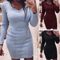 Fashion Solid Color Long Sleeve V-neck Slim Fit Knit Thin Dress