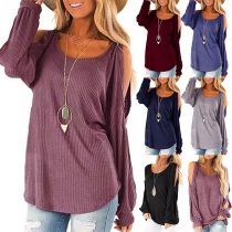 Sexy Off-shoulder Lantern Sleeve Round Neck Knit Top
