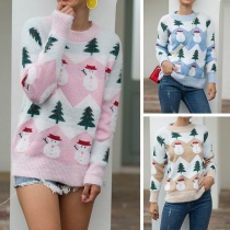 Cute Snowman Printed Long Sleeve Round Neck Sweater 