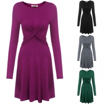 Elegant Solid Color Long Sleeve Round Neck High Waist Dress