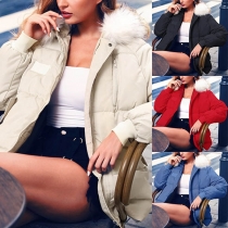 Fashion Solid Color Faux Fur Spliced Hooded Padded Coat 