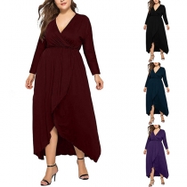 Sexy V-neck Long Sleeve High-low Hem Solid Color Plus-size Dress