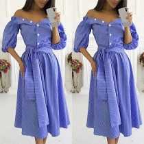 Sexy V-neck Half Sleeve High Waist Striped Dress