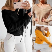 Sexy V-neck Lace-up Long Sleeve Solid Color Sweater 