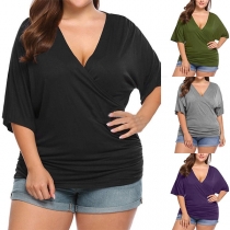 Sexy V-neck Short Sleeve Solid Color Plus-size T-shirt