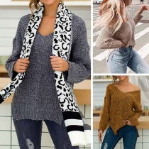 Fashion Solid Color Long Sleeve V-neck Slit Hem Sweater