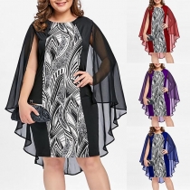 Fashion Chiffon Spliced Round Neck Slim Fit Printed Dress