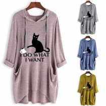 Cute Cat Printed Long Sleeve Hooded Irregular Hem Sweatshirt 