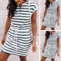 Fashion Short Sleeve V-neck Drawstring Waist Striped Dress