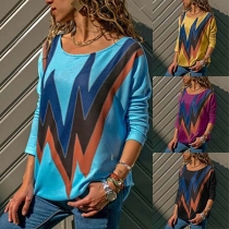 Fashion Contrast Color Long Sleeve Round Neck T-shirt