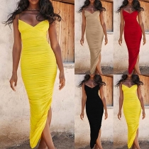 Sexy Backless V-neck Slit Hem Slim Fit Sling Dress