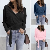 Sexy V-neck Lace-up Hem Long Sleeve Solid Color T-shirt 
