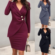 OL Style Long Sleeve V-neck Solid Color Slim Fit Dress