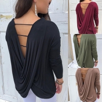 Sexy Backless Long Sleeve Solid Color T-shirt 