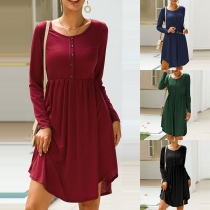 Fashion Solid Color Long Sleeve Round Neck Front-button Dress