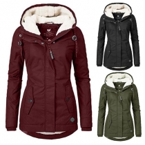 Fashion Solid Color Long Sleeve Hooded Plush Lining Padded Coat (It falls small)