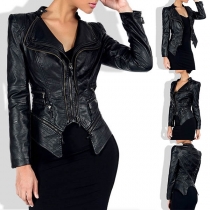 Punk Style Long Sleeve Irregular Hem Slim Fit PU Leather Jacket 