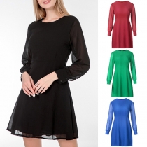 Fashion Solid Color Lantern Sleeve Round Neck Dress