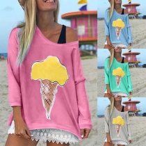 Fashion Long Sleeve Round Neck Ice Cream Printed T-shirt 
