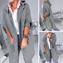 Fashion Solid Color Short Sleeve Hooded Knit Cardigan