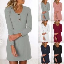 Fashion Solid Color Long Sleeve Round Neck Dress
