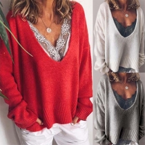 Fashion Solid Color Long Sleeve V-neck Knit Top