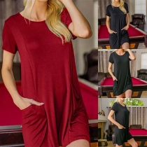 Fashion Solid Color Short Sleeve Round Neck Front-pocket Dress