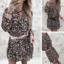 Fresh Style Long Sleeve V-neck Ruffle Hem Printed Dress