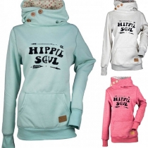 Casual Style Cowl Neck Letter Print Front Pocket Long Sleeve Hoodie