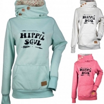 Casual Style Cowl Neck Letter Print Front Pocket Long Sleeve Hoodie