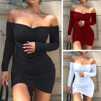 Sexy Off-the-shoulder Solid Color Ruched Long Sleeve Dress