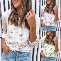 Casual Style Button Front Self-tie Hem Peach Print Long Sleeve Blouse