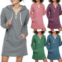 Casual Style Solid Color Lace-up Front Pocket Hoodie Dress