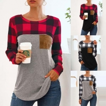 Fashion Plaid Spliced Long Sleeve Round Neck T-shirt 