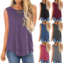 Fashion Leopard Spliced Sleeveless Round Neck T-shirt