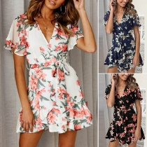 Sexy V-neck Short Sleeve Ruffle Hem High Waist Printed Dress