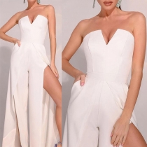 Sexy Off-shoulder V-neck Pure Color Bell-bottoms Jumpsuit