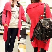 Elegant Pure Color Big Lapel Knitting Cardigan with Waistband