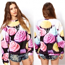 Fashion 3D Floral Print Round Neck Long Sleeve Sweatshirt