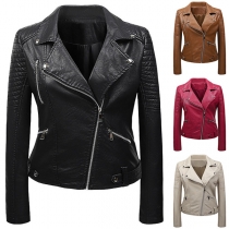 Fashion Long Sleeve Lapel Oblique Zipper PU Leather Jacket