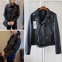 Fashion Oblique Zipper Long Sleeve PU Leather Motorcycle Jacket
