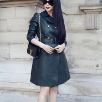 Fashion Double-breasted Turn-down collar PU Leather Trench Coat with Sash