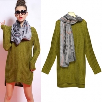 Fashion Round Neck Long Sleeve Slit Sweater + Scarf