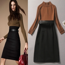 Fashion Contrast Color Long Sleeve Slim Fit Dress with Waistband