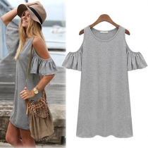 Sexy Off-shoulder Flouncing Sleeve Round Neck Dress