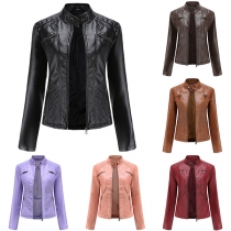 Fashion Stand Collar Single-breasted PU Leather Coat