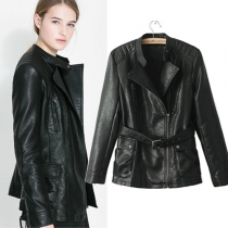 Fashion Solid Color Slim Fit PU Leather Coat with Waistband